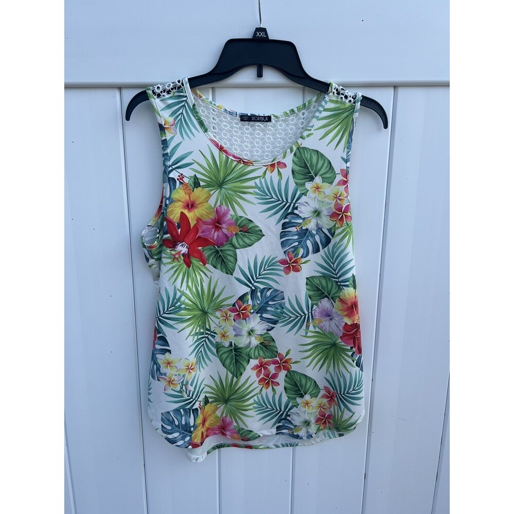 Storybuk Women’s Floral Multicolor Sleeveless Tank Top Crochet Trim Sz Small